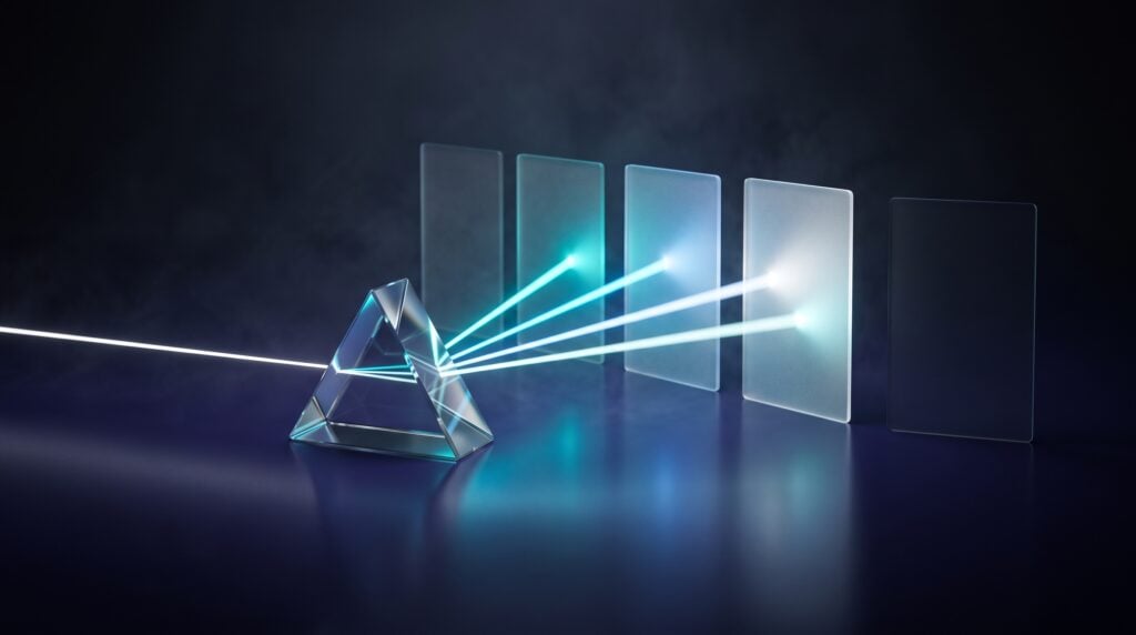 Glass prism splitting a beam of light into several panels