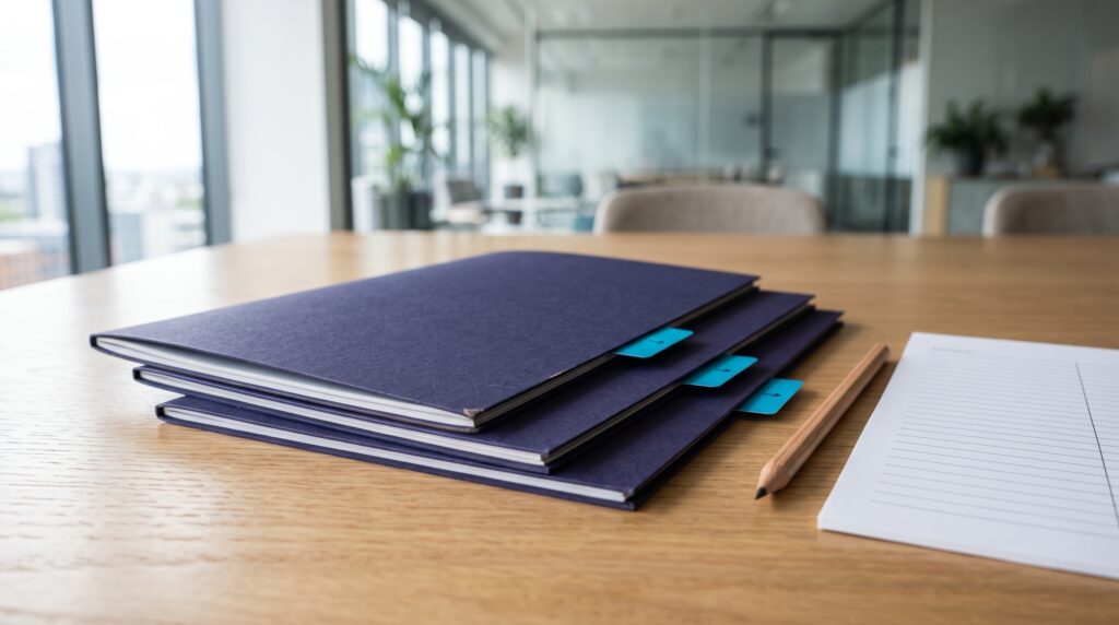 Three agency proposal folders stacked on a meeting table in a Perth office