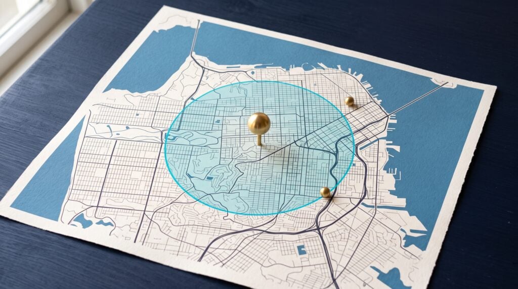 Printed street map of a coastal city on a dark indigo table with a translucent cyan circle marking a radius around one brass pin
