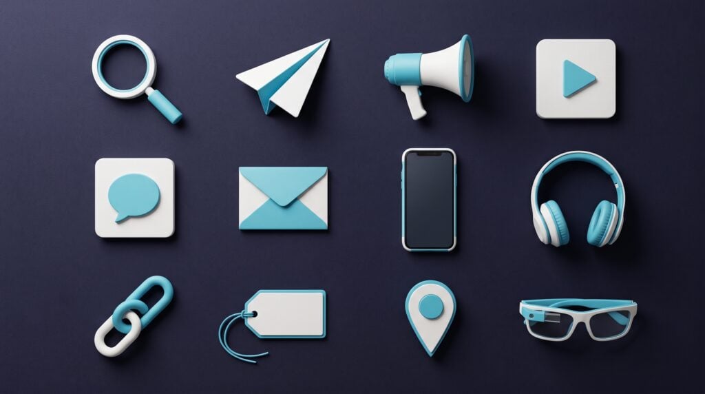 Twelve matte cyan and white objects representing digital marketing channels laid out in a grid on a dark indigo surface