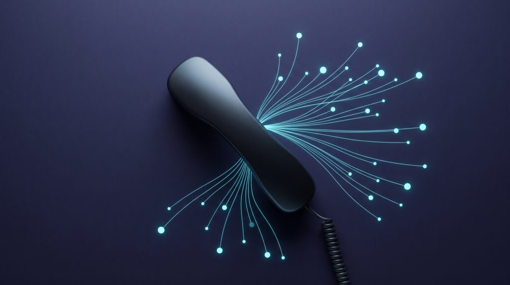 Modern black desk phone handset on a dark indigo surface with thin cyan light traces running from it to small glowing nodes