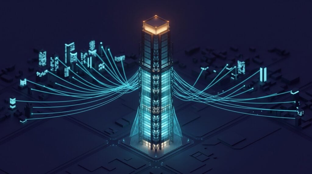 Isometric illustration of a glowing central tower with light beams linking it to smaller buildings