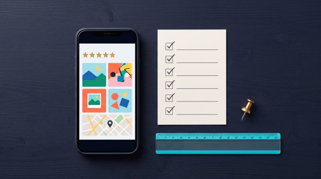 Phone showing a business listing next to a printed checklist with ticks