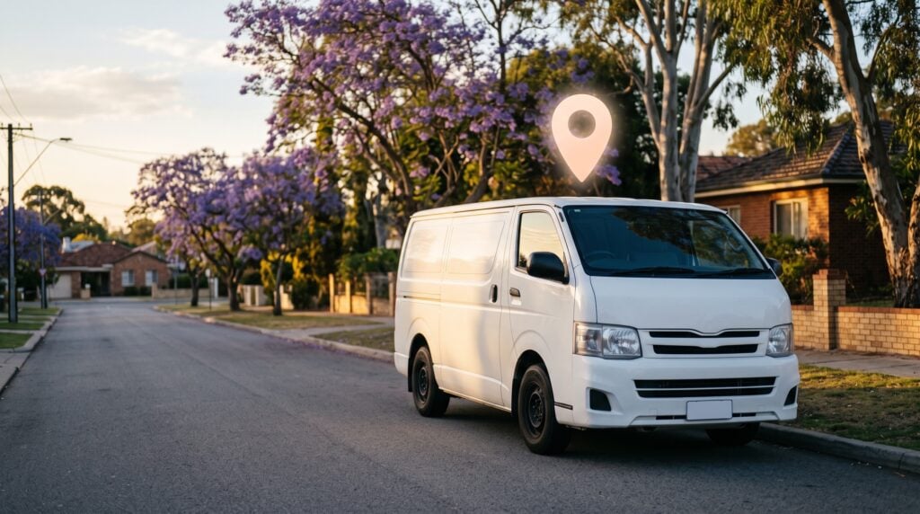 White unbranded service van parked on a suburban Perth street with a map pin above it