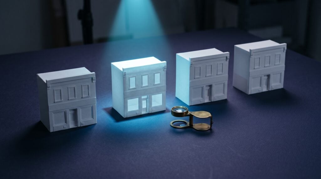 Four white paper storefront models in a row on a dark indigo surface, one lit by a cyan spotlight with a magnifying loupe resting beside it