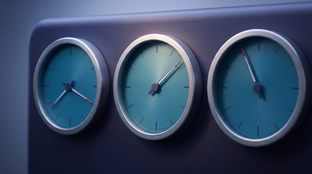 Three cyan gauge dials with brushed metal bezels on a dark indigo panel, needles at different positions