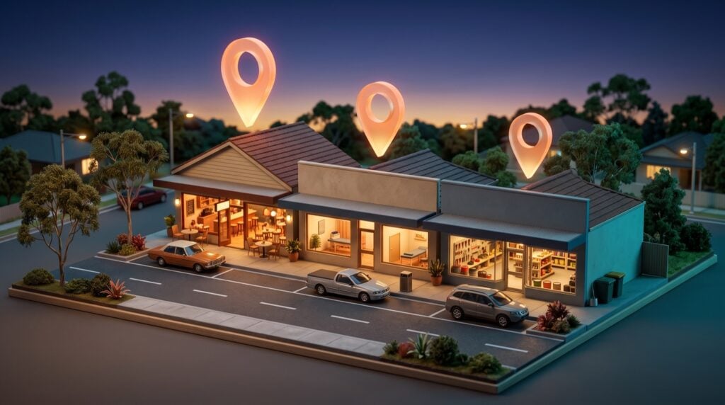 Suburban shopfront at dusk with three glowing map pins above it