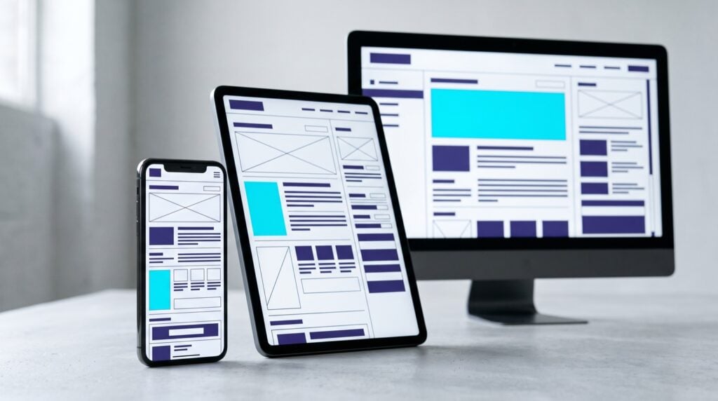Phone, tablet and monitor showing the same website layout at three sizes