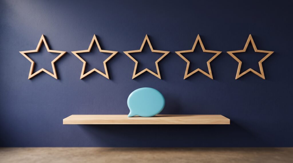 Five star outlines on a dark indigo wall with a single cyan speech bubble beneath them, lit from the side