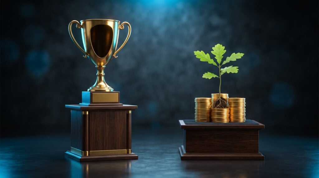 A hollow gold first-place trophy beside a stack of gold coins with a seedling growing from it, illustrating SEO that grows revenue rather than rankings