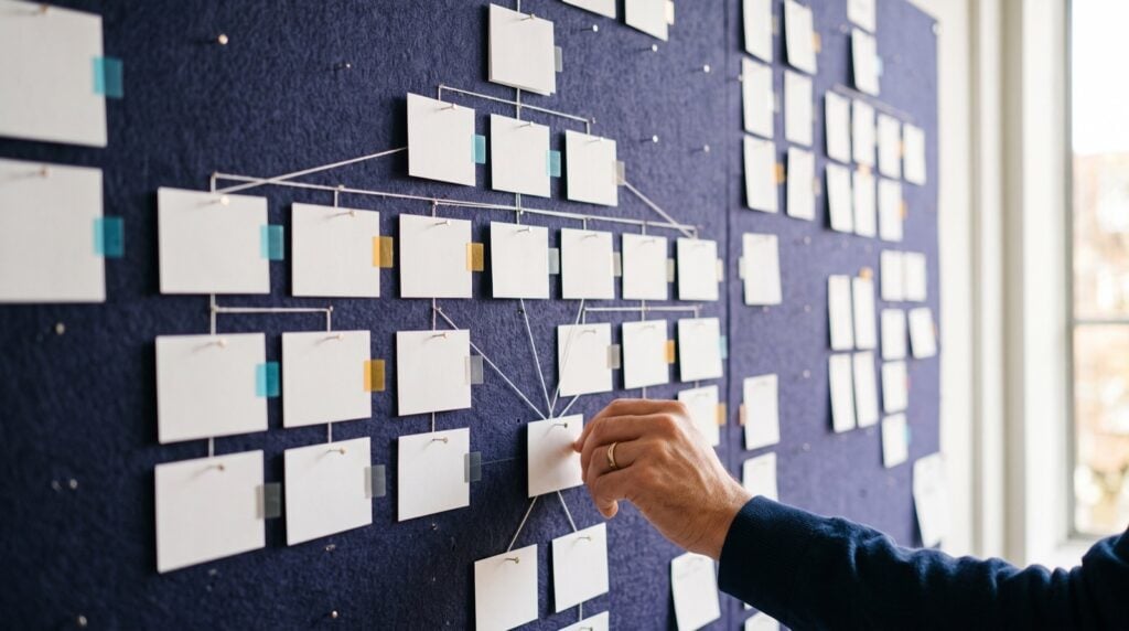 Hand placing a card on a wall of paper notes connected by string
