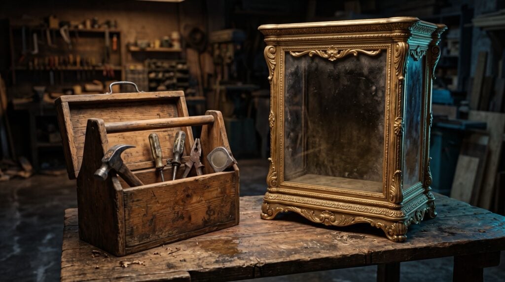 A worn wooden toolbox holding a few essential tools beside an empty ornate gilded display case, contrasting what a small business website needs with costly upsells