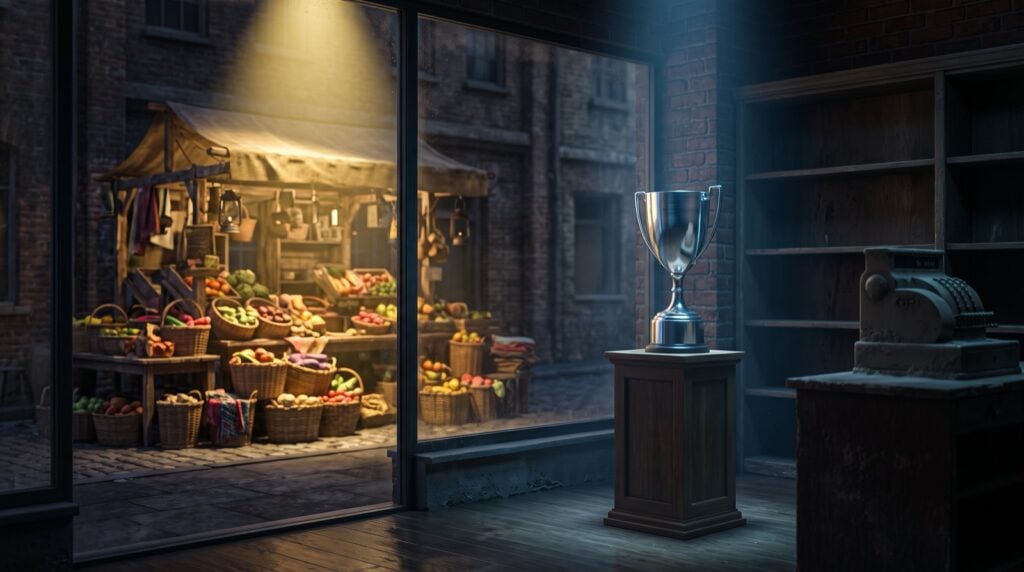 A silver trophy on a pedestal in an empty shop with bare shelves and an idle cash register, facing a busy lit market stall full of produce, showing rankings without sales