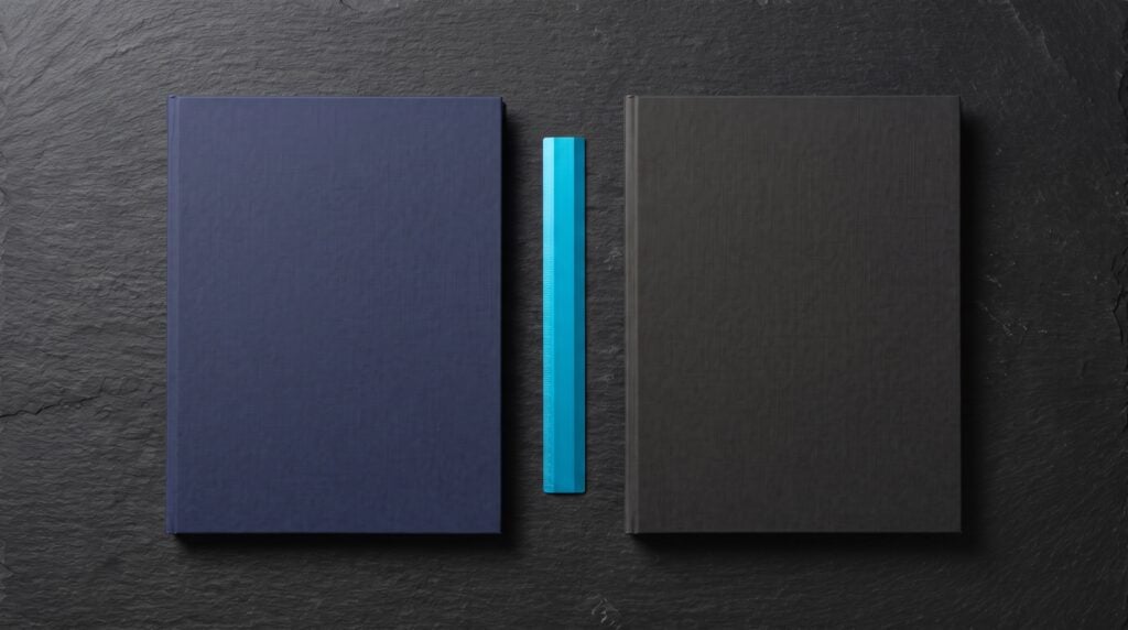 Two blank document folders side by side on a dark desk with a cyan ruler between them