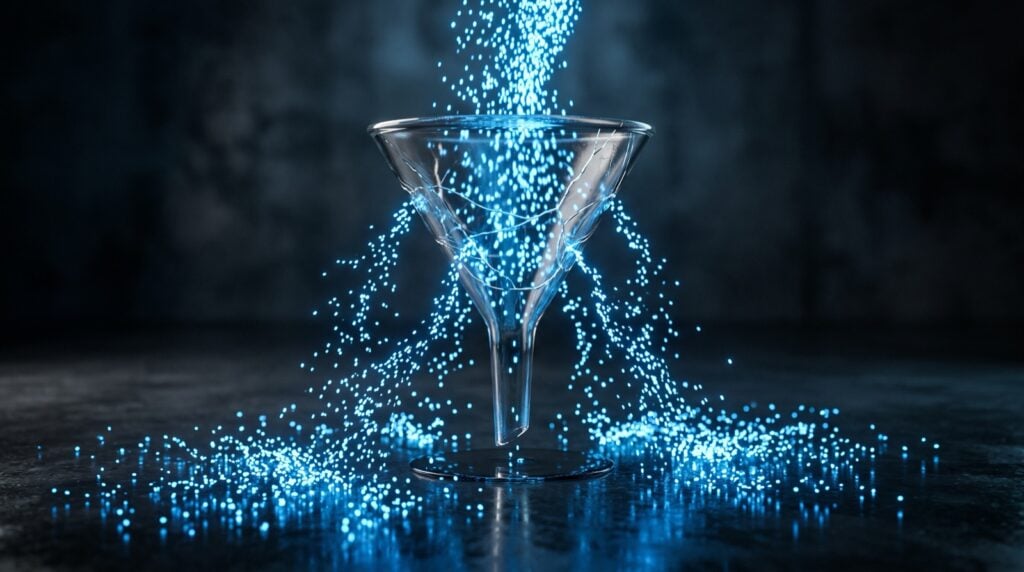 Glass funnel with glowing blue particles leaking out through cracks in its sides, illustrating a website that loses leads before they convert