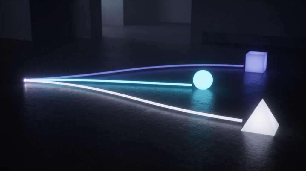Neon light beams meeting at a sphere, a cube and a pyramid on a dark floor