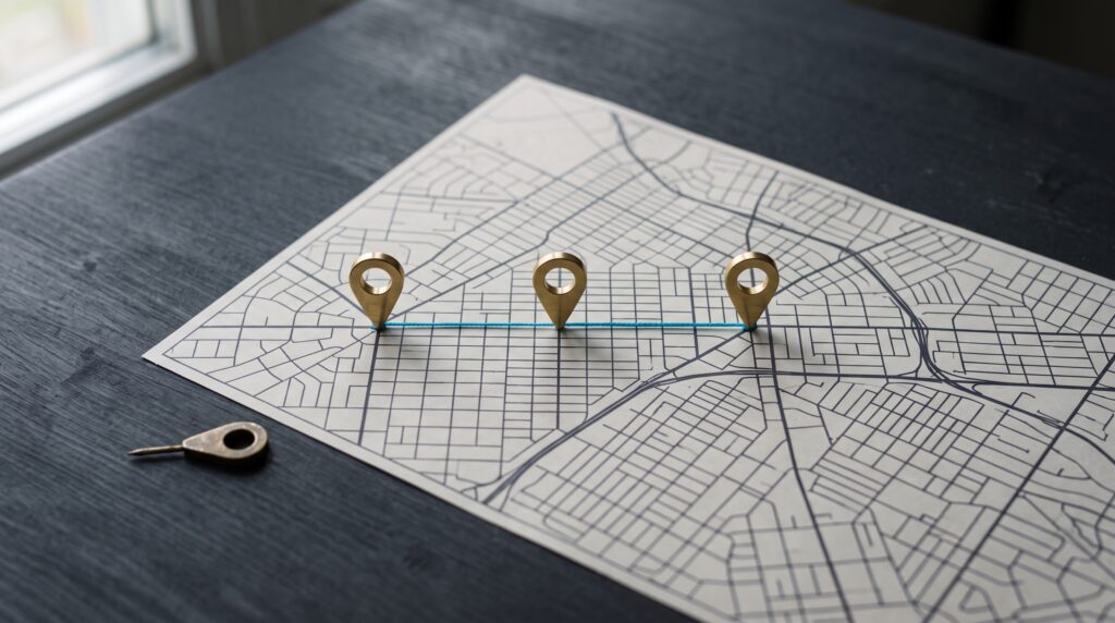 Three matching brass location pins in a row on a printed street map, joined by cyan thread, with one unmatched pin lying on its side